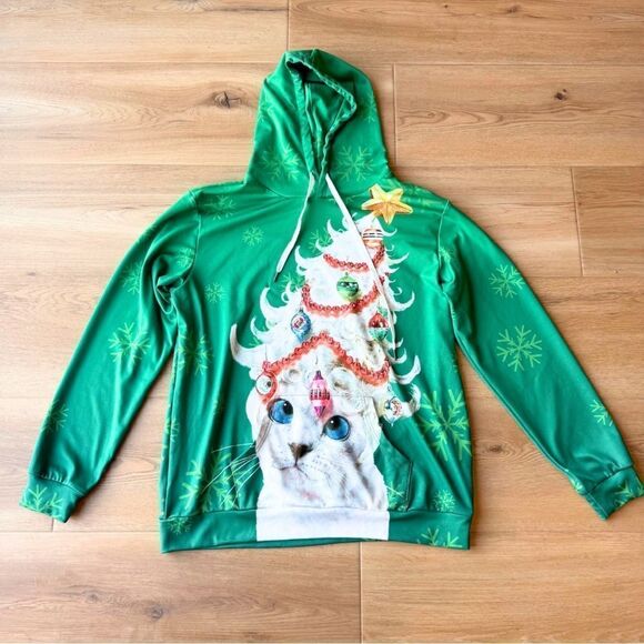 Christmas Tree Cat Green Hoodie Sweatshirt Holiday Ugly Sweater Size Large - Picture 2 of 4
